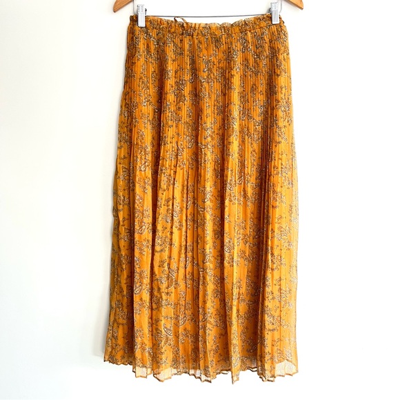 MANGO Mustard Floral Print Pleated Chiffon Tie & Elastic Waist Midi Skirt Sz M - Picture 7 of 13